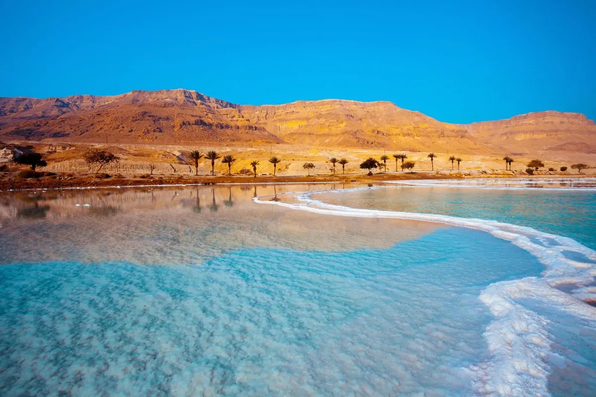 Dead Sea shoreline with salt formations and desert mountains