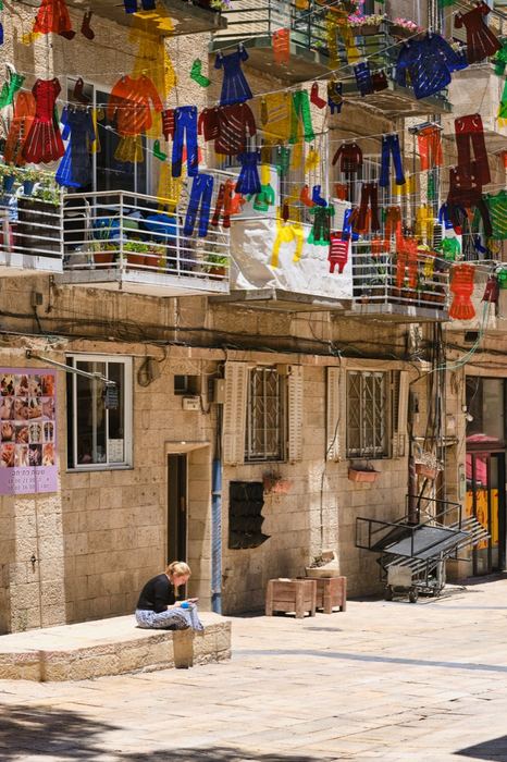 Jerusalem balconies with colorful hanging clothes